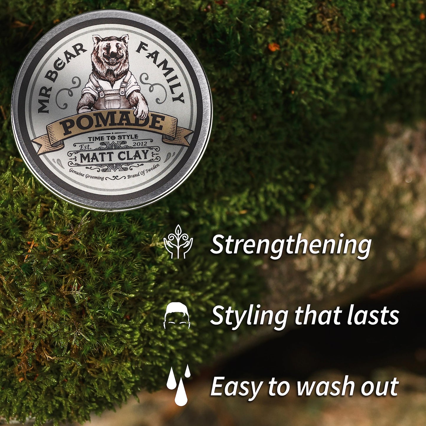 Mr Bear Family Matte Hair Pomade for Men – Medium Hold Water Based Mens Hair Styling Pomade Contains Volumising Kaolin Clay + Bentonite Clay – Non Greasy Texturising Matt Pomade for Effective Frizz Control 100ml