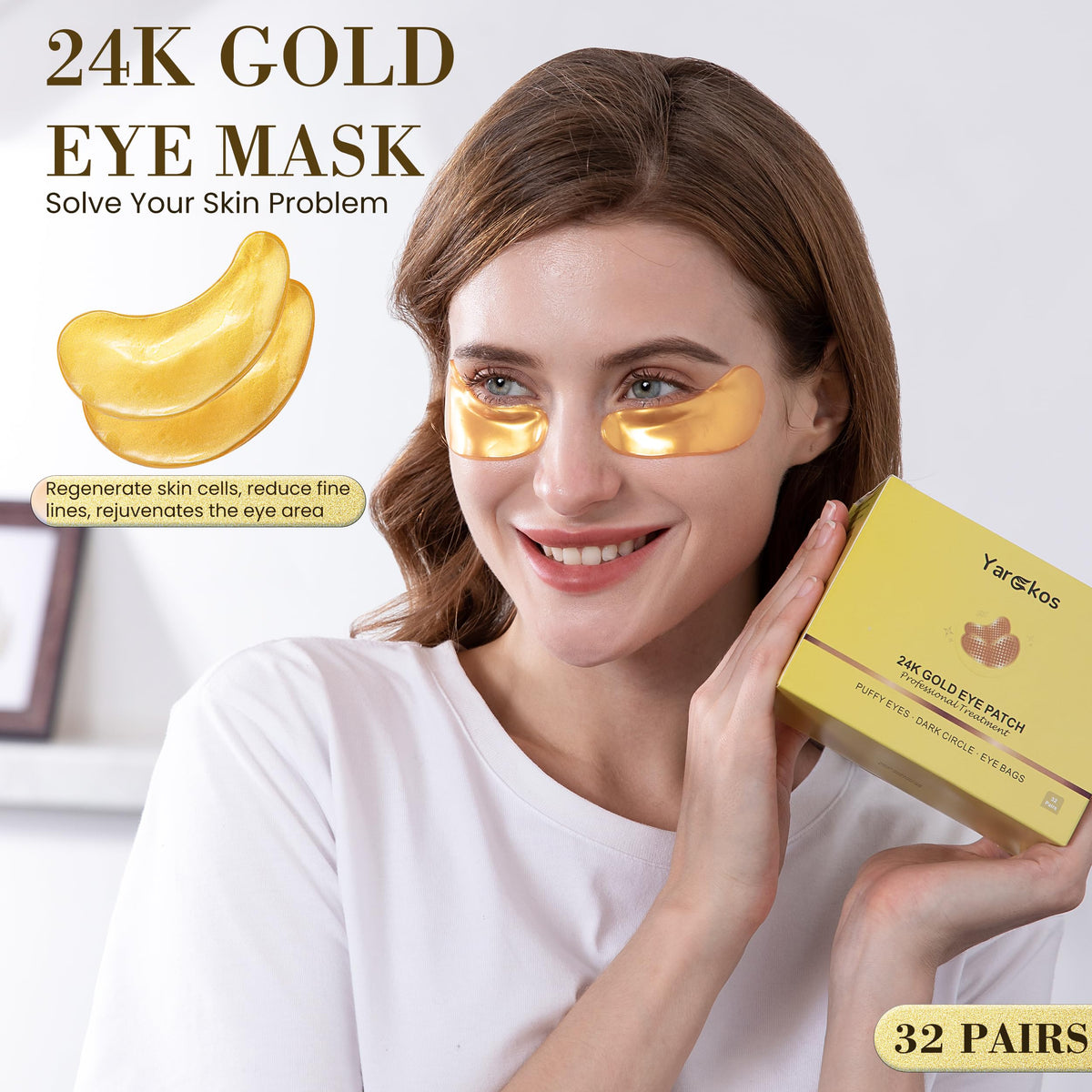 MIFANYO 32 Pairs 24K Gold Under Eye Patches, Golden Eye Masks, Hydrating Undereye Pads for Dark Circles Anti Wrinkles Puffy Eyes, Puffiness Eye Bags Eyes Gel Pads, Women Men Travel Skincare Set