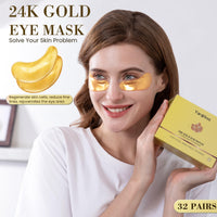 MIFANYO 32 Pairs 24K Gold Under Eye Patches, Golden Eye Masks, Hydrating Undereye Pads for Dark Circles Anti Wrinkles Puffy Eyes, Puffiness Eye Bags Eyes Gel Pads, Women Men Travel Skincare Set