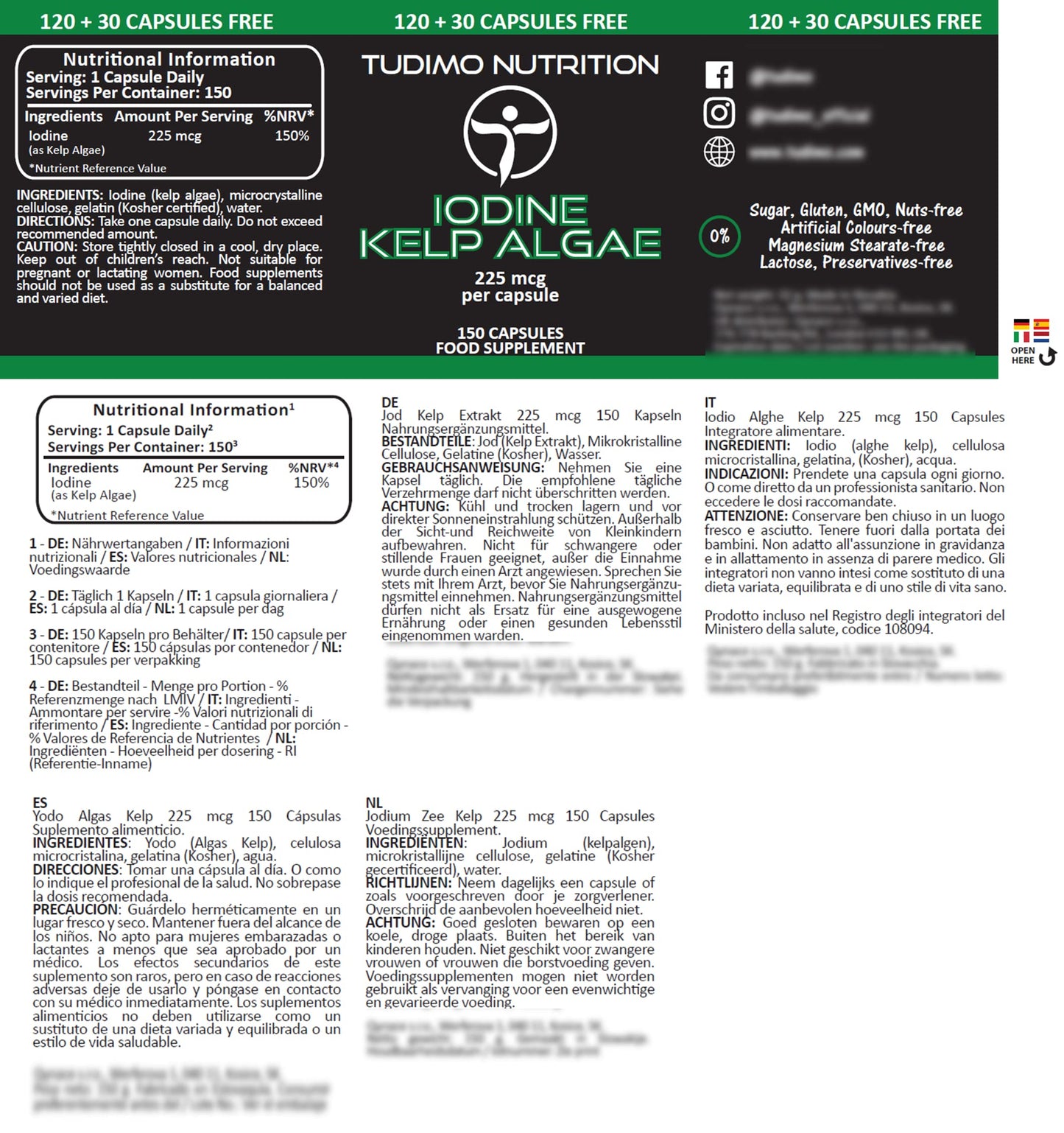TUDIMO Iodine Sea Kelp Capsules - 225mcg of Kelp Algae Extract - 150 pcs (5 Month Supply) of Rapidly Disintegrating Capsules, Each with 225 mcg of Premium Quality & Pure Iodine SeaKelp Powder