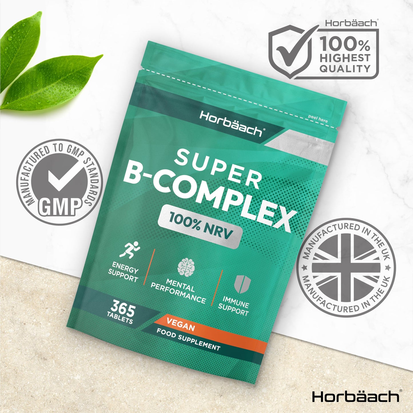 Horbäach Vitamin B Complex | 365 Tablets | 100% NRV of All B Vitamins B1, B2, B3, B5, B6, B12, Folic Acid and Biotin | Vegan Supplement | by Horbaach
