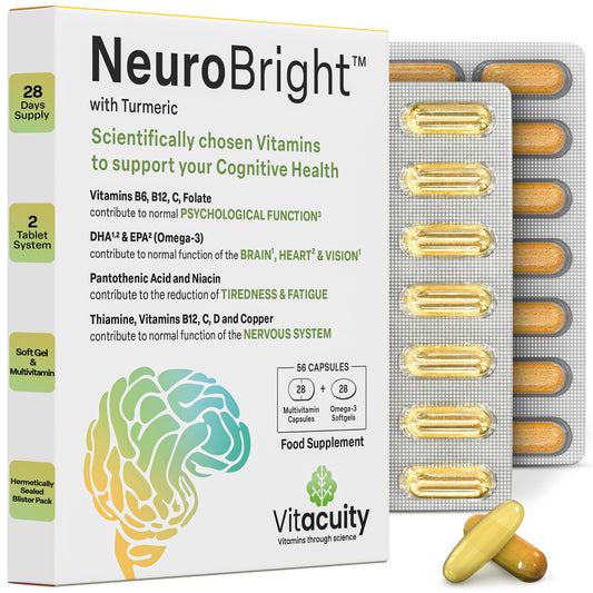 Vitacuity NeuroBright with Turmeric – Brain Supplement : Strong Omega-3 Softgel + High Dose B-Complex, C, D & E Multivitamin with Zinc and Copper All for Memory and Focus -56 caps