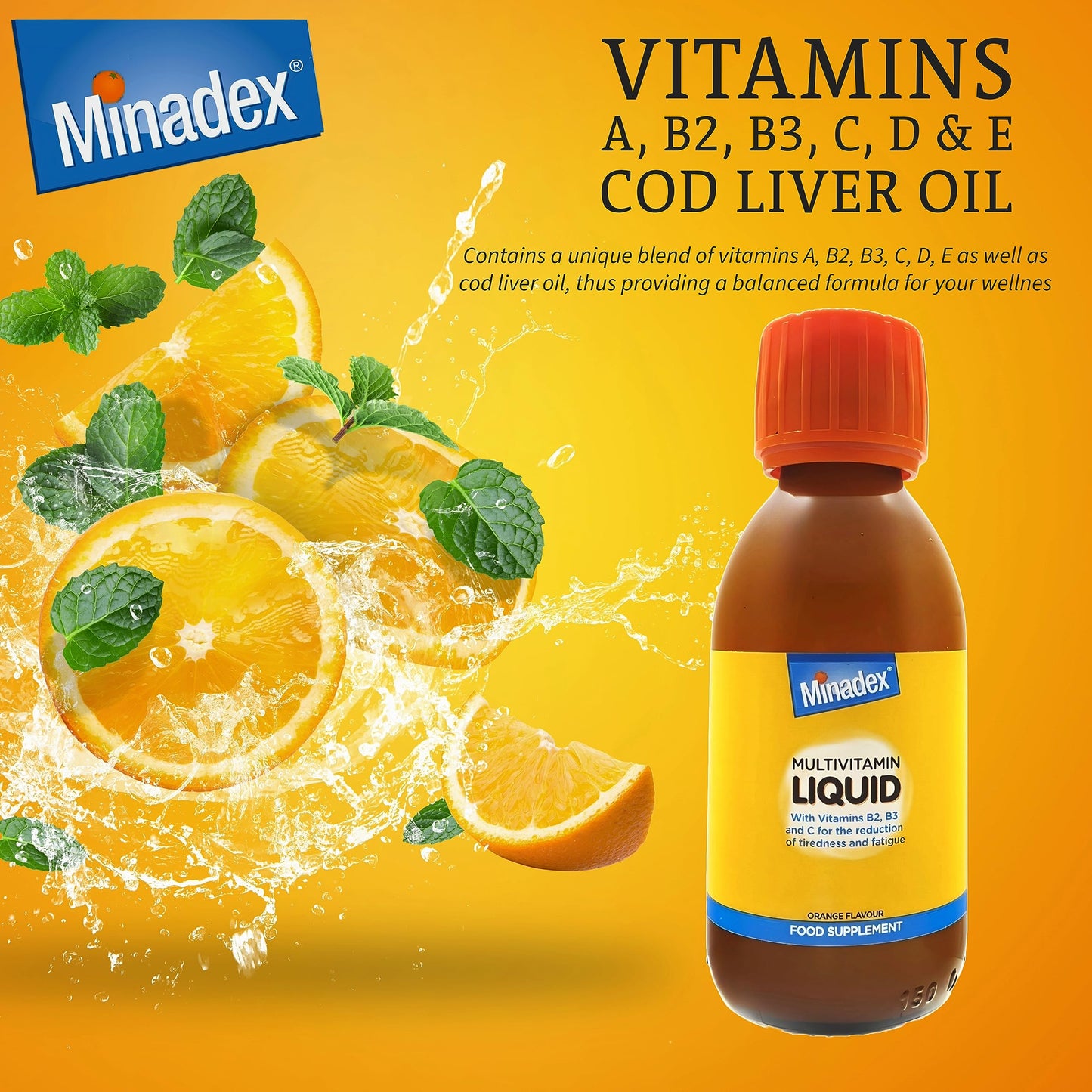Minadex Multivitamin Liquid for Adults & Kids (Delicious Orange Flavour), 150 ml - Omega-3 & Vitamins A, B2, B3, C, D, E for Reduction of Tiredness and Fatique