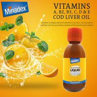 Minadex Multivitamin Liquid for Adults & Kids (Delicious Orange Flavour), 150 ml - Omega-3 & Vitamins A, B2, B3, C, D, E for Reduction of Tiredness and Fatique