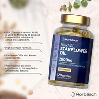 Horbäach Starflower Oil Capsules 2000mg | High Strength GLA | Cold-Pressed Borage Oil with Vitamin B6 | Natural Source of Omega-6 | 120 Softgels | by Horbaach