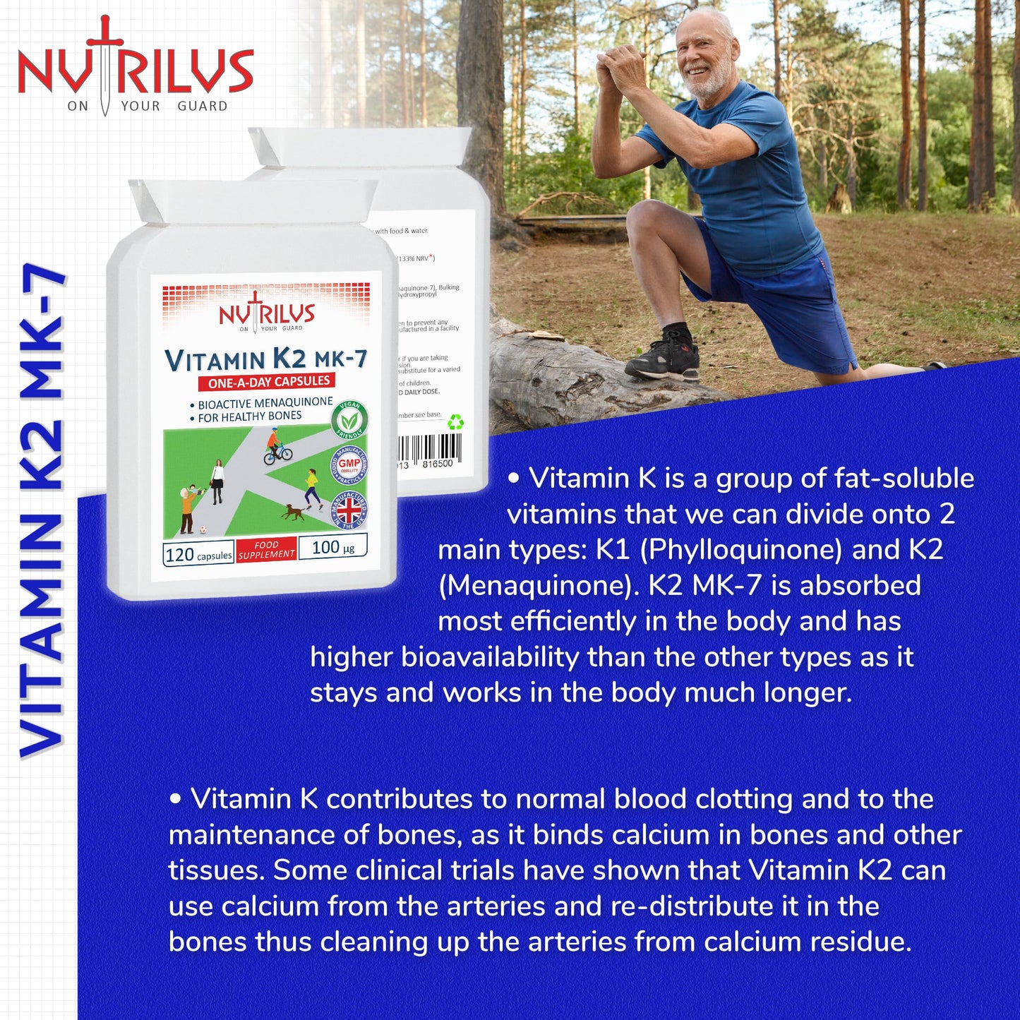 Nutrilus Vitamin K2 MK-7 120 Daily Capsules 100mcg - Highly Bioavailable - Vegan Supplement - Bone Health - Calcium Distribution