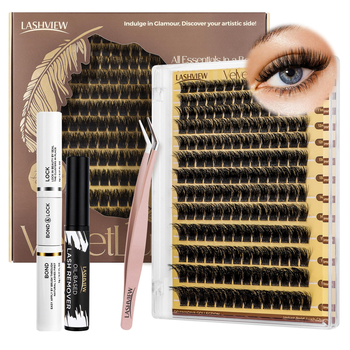 LASHVIEW DIY Eyelash Extension Kit, Fluffy Lash Extension Kit D Curl 9-18mm mix Clusters with Bond&Seal, Remover and Applicator DIY Lash Extensions for Easy at Home Application Style NM03
