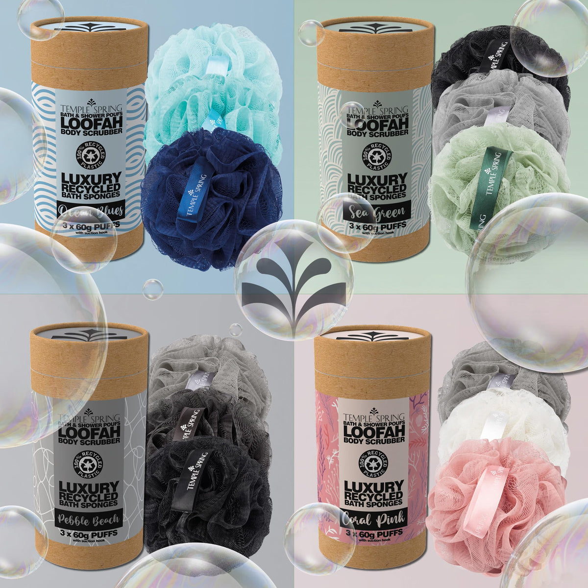Temple Spring Loofah Shower Sponge, Recycled Body Scrubber Scrunchies, Exfoliating Bath Sponge, Shower Puff Bath Sponges for Adults, Loofah Back Scrubber Pouffe, Loofa Body Scrub Exfoliator - Grey