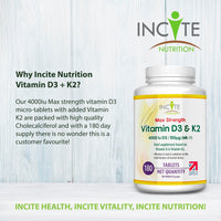 Vitamin D3 K2 (MK7) 100 UG - Vitamin D3, 4000iu & Vitamin K2-180 Premium Vegetarian Tablets - 6 Month’s Supply - High Strength Quality - Made in The UK by Incite Nutrition®