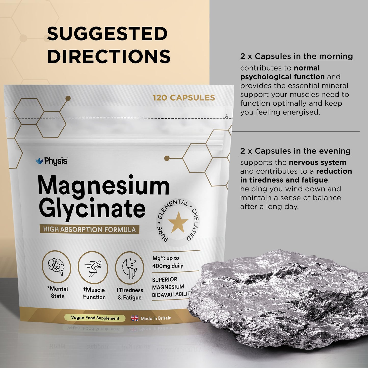 Physis Magnesium Glycinate 400mg | High Strength Elemental for Sleep, Mind & Muscle | Vegan Chelated Magnesium Bisglycinate | Bioavailable | Non-Laxative Natural Mineral | 120 x Magnesium Capsules