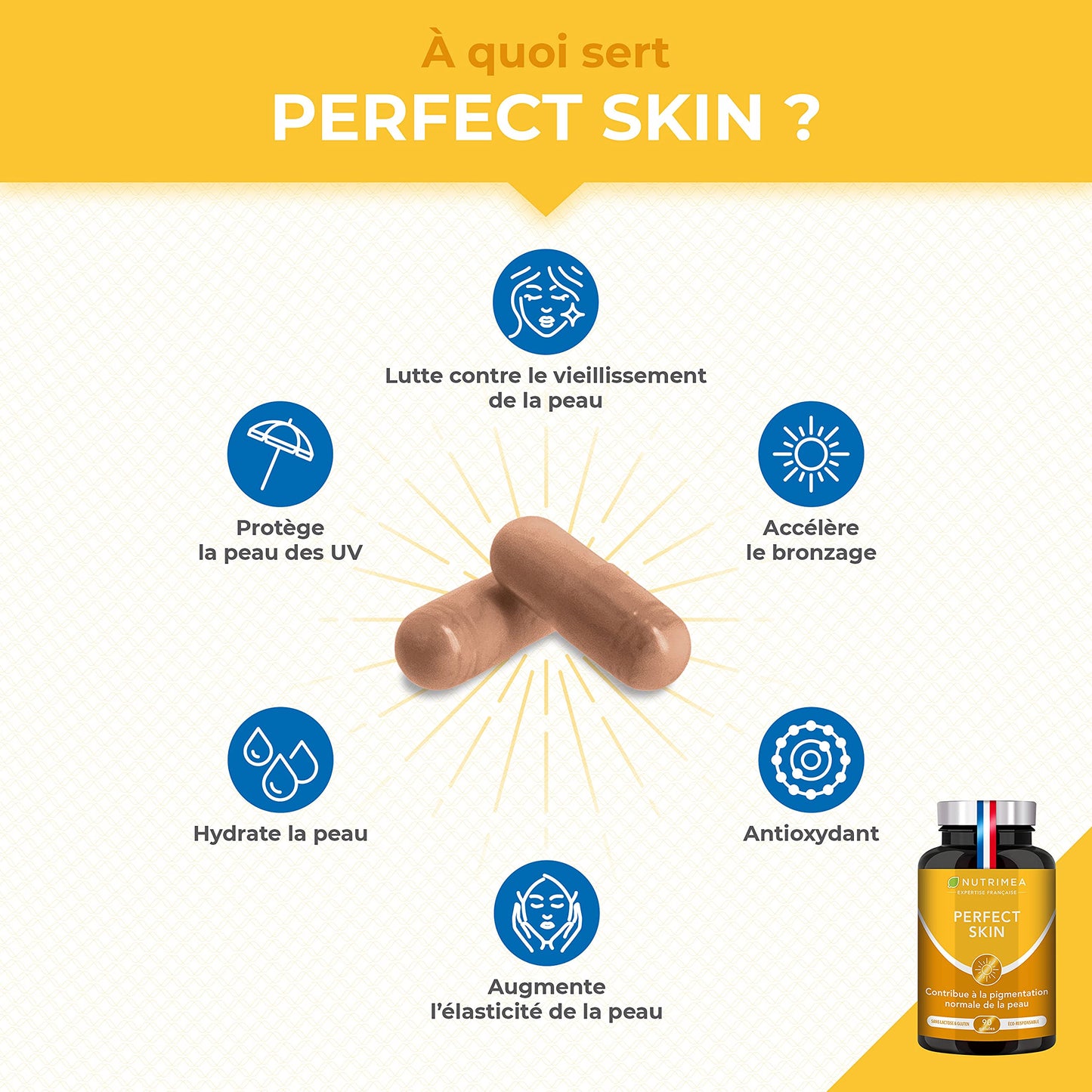 Laboratoires Nutrimea Perfect Skin Capsules - Beta Carotene, Lycopene, Copper and Vitamin E Formula - 60 Vegan Capsules - Gluten Free & GMO-Free - French Expertise - Nutrimea