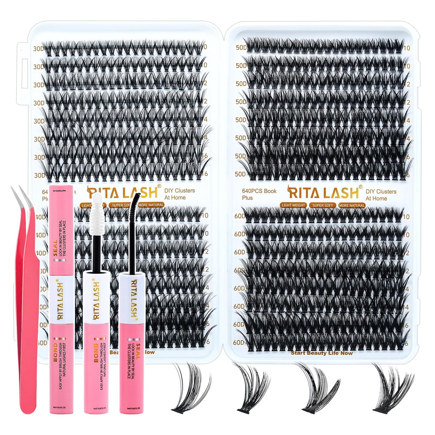 RITALASH Lash Extension Kit DIY 640pcs Lash Clusters Eyelash Extension, 10-16mm Individual Lashes Kit with Lash Bond and Seal, Lash Tweezers for Self Use (30D+40D+50D+60D KIT)