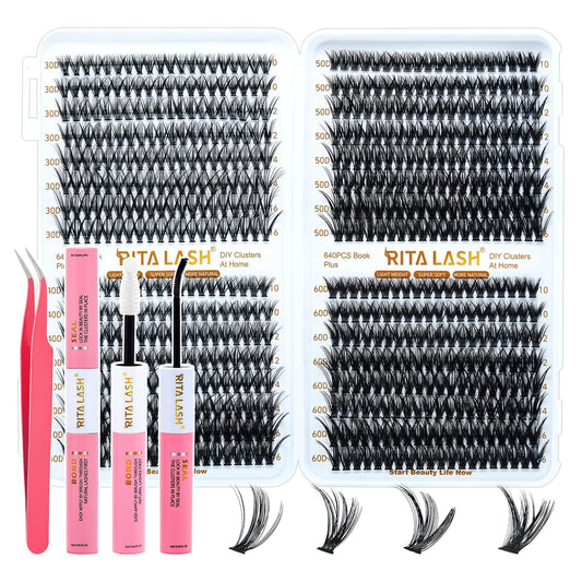 RITALASH Lash Extension Kit DIY 640pcs Lash Clusters Eyelash Extension, 10-16mm Individual Lashes Kit with Lash Bond and Seal, Lash Tweezers for Self Use (30D+40D+50D+60D KIT)
