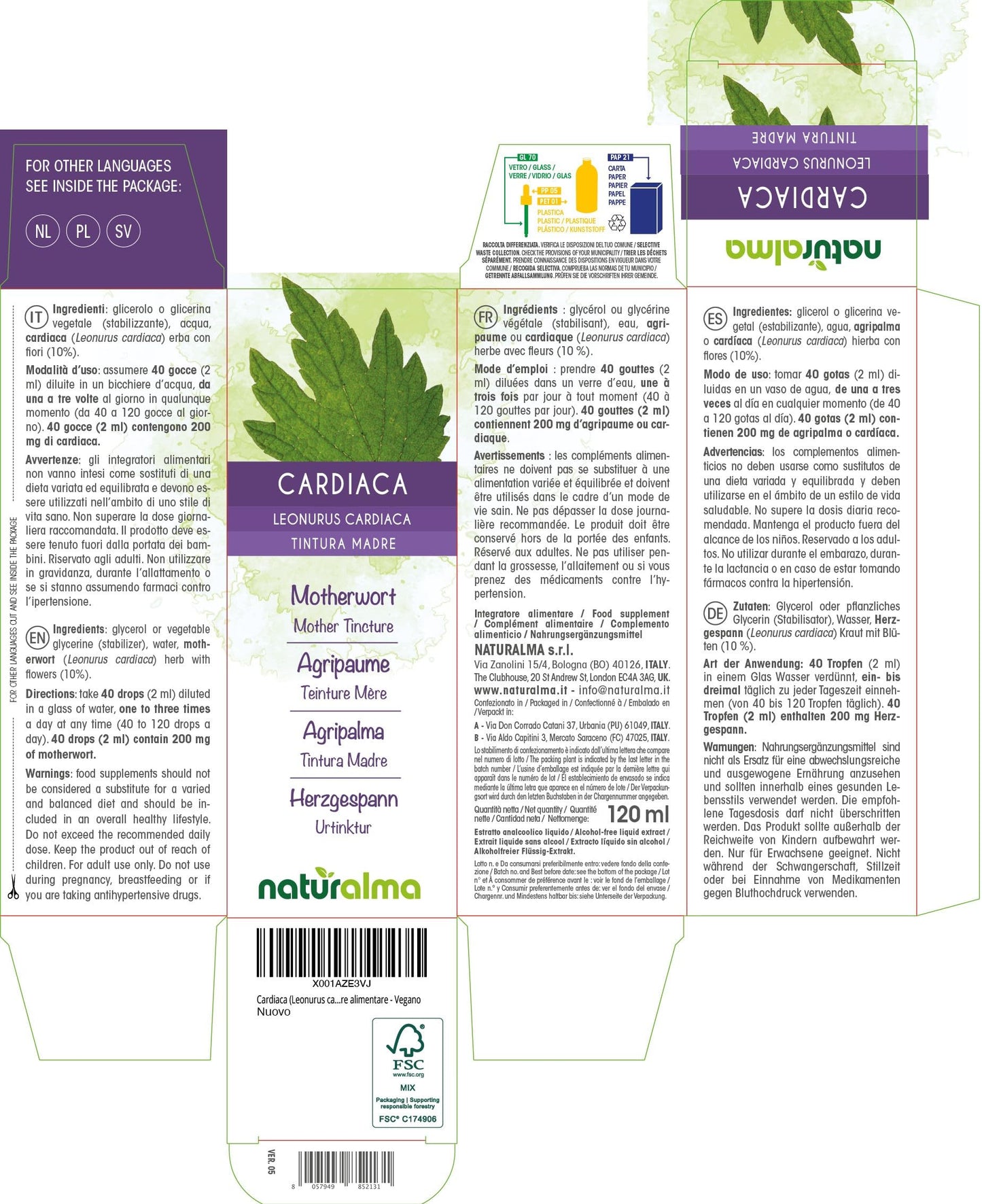 Motherwort (Leonurus cardiaca) herb with Flowers Alcohol-Free Mother Tincture Naturalma - Liquid Extract Drops 120 ml - Food Supplement - Vegan