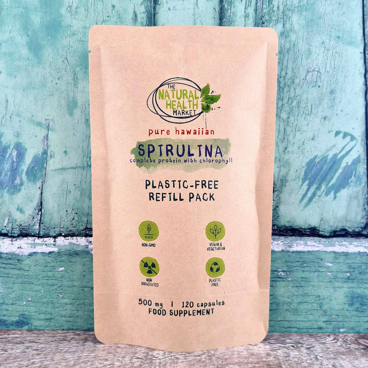 Hawaiian Spirulina Capsules 500mg by The Natural Health Market - 100% Pure - No Additives - Plastic Free Packaging - Made in England - Vegan-Friendly Supplement (120 Capsule - Pouch)