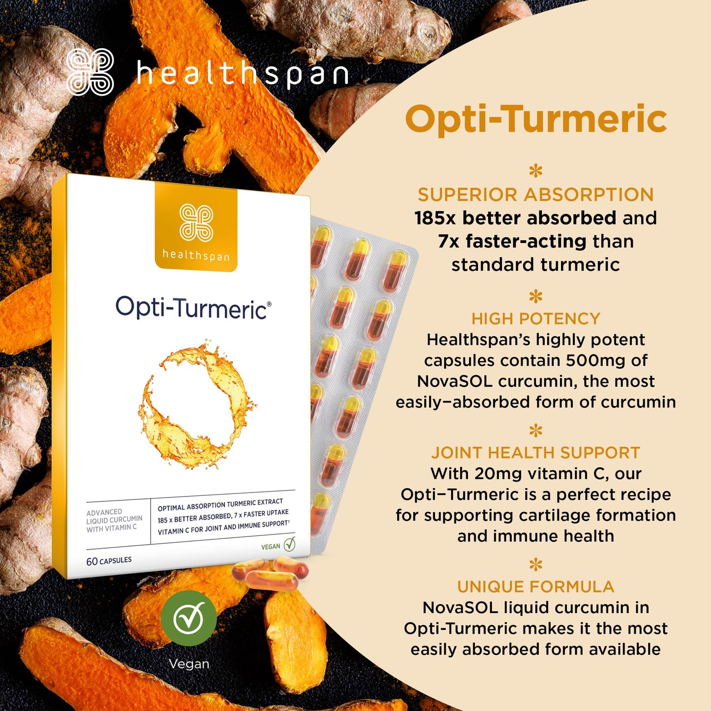 healthspan Healthspan Opti-Turmeric | High Strength 500mg Liquid Curcumin | Supports Cartilage Formation | Immune Health | 185 Times Better Absorbed & 7 Times Faster Acting Than Standard Turmeric (60 Capsules)