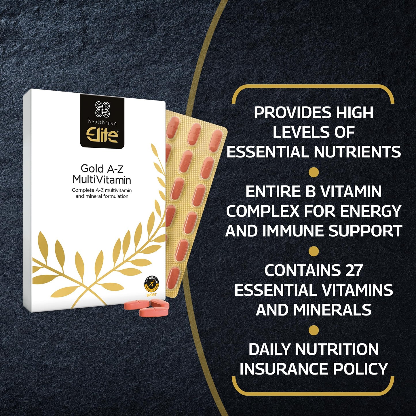 Healthspan Elite Gold A-Z Multivitamin (4 Months’ Supply) | 27 Essential nutrients with Vitamin B Complex with Iron, Selenium & Zinc | All Blacks Official Partner | Informed Sport Accredited | Vegan