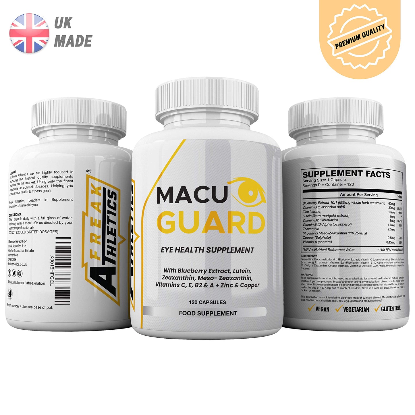 MacuGuard+ Eye Supplement - 120 Capsules - Zeaxanthin, Meso Zeaxanthin, Lutein, Blueberry Extract Plus Vitamins and Minerals - Premium UK Made