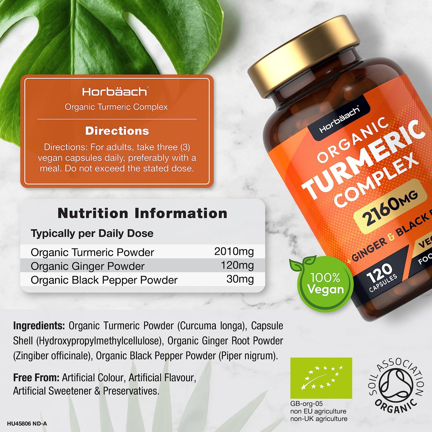 Organic Turmeric and Black Pepper Capsules | 2160mg | High Strength Curcumin with Ginger | 120 Vegan Capsules | by Horbaach