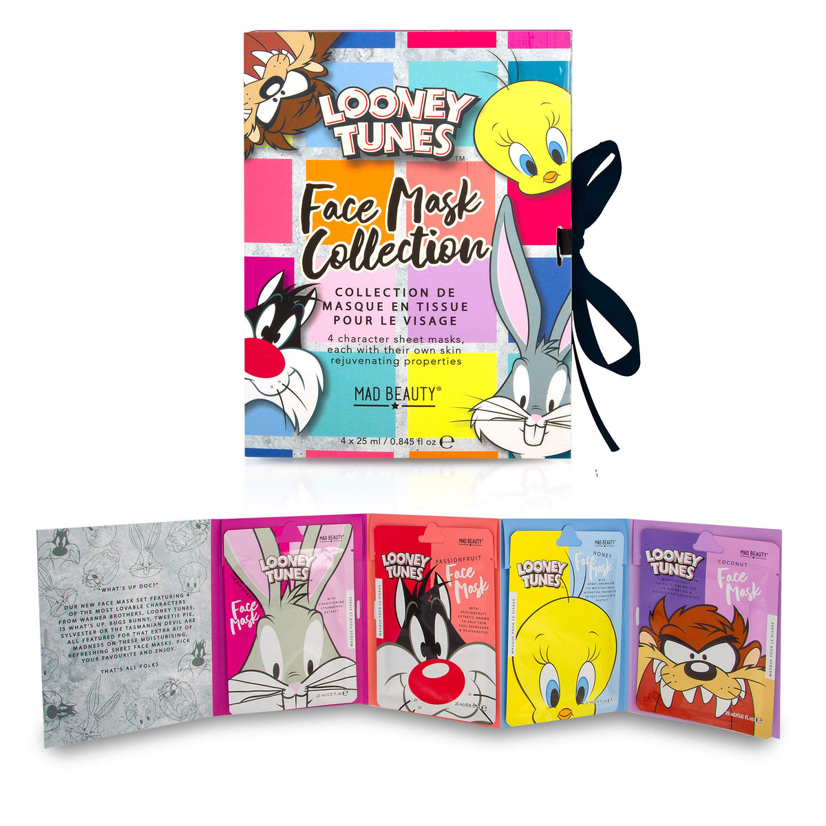 MAD Beauty MAD BEAUTY Looney Tunes Sheet Face Masks Set (Pack of 4) | Bugs Bunny, Sylvester, Tweety, and Taz | Passionfruit, Coconut, Honey, and Strawberry to Soothe and Rejuvenate Tired Skin