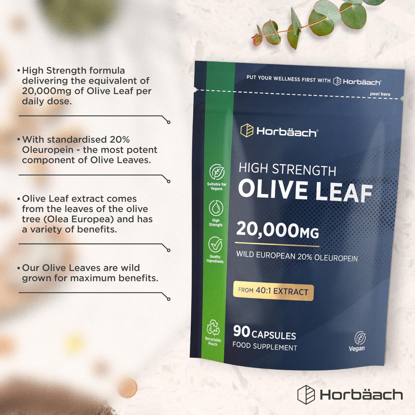 Horbäach Olive Leaf Extract Capsules 20,000mg | Wild European 20% Oleuropein | High Strength Supplement | 90 Vegan Capsules | Horbaach