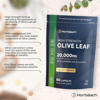 Horbäach Olive Leaf Extract Capsules 20,000mg | Wild European 20% Oleuropein | High Strength Supplement | 90 Vegan Capsules | Horbaach