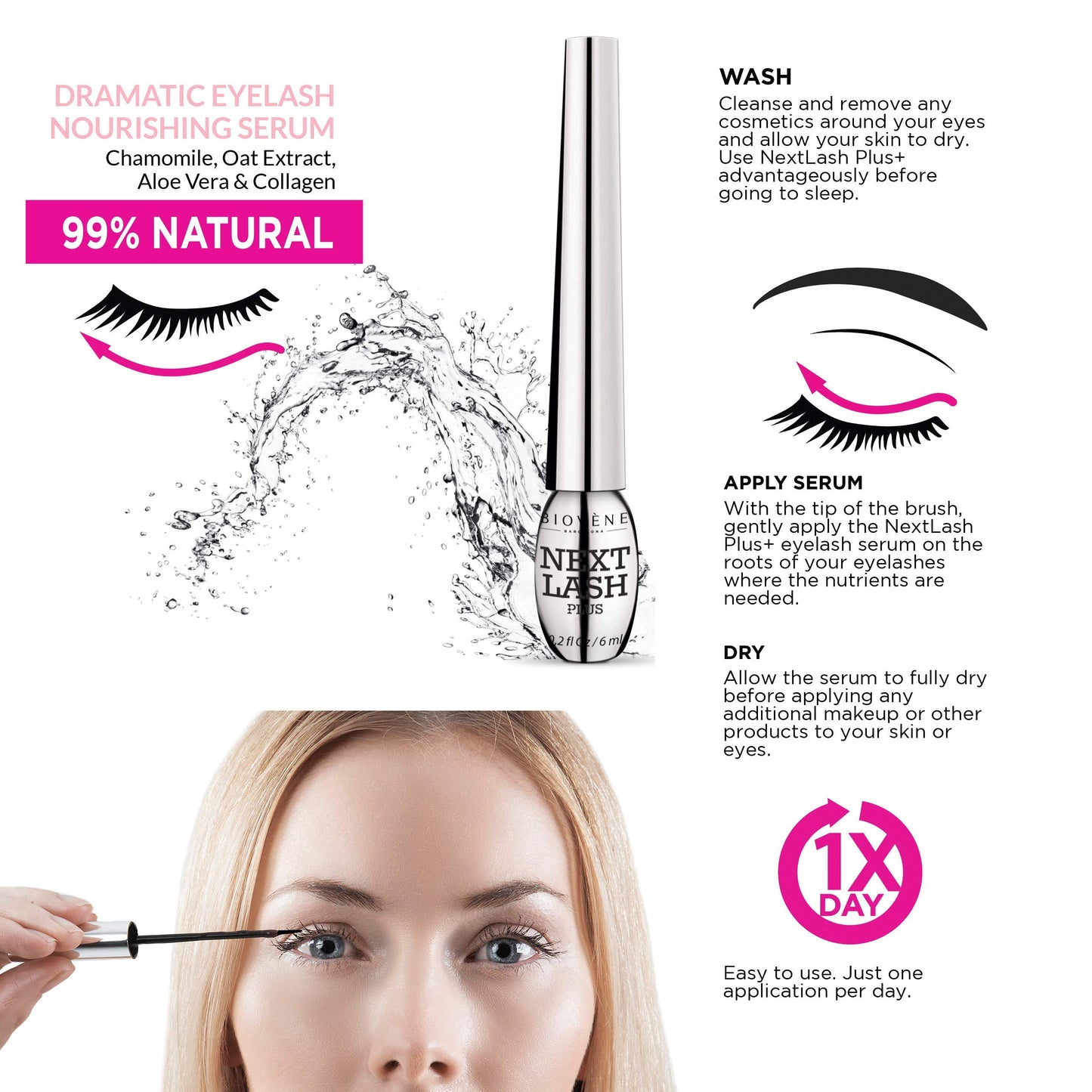 Biovène Next Lash Plus+ Serum for Dramatic Eyelashes - Growth Serum for Lashes - For More Beautiful Eyelashes - Consists of Essential Vitamins - For Voluminous, Natural Eyelashes (6 ml), (Pack of 1)
