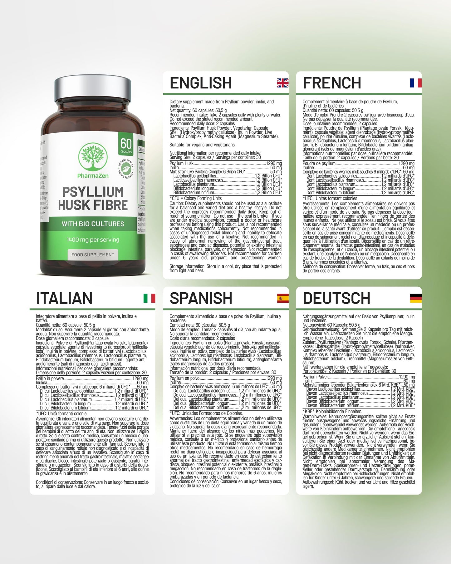 PharmaZen Psyllium Husk Capsules with Probiotics - Fibre Supplement Complex 1400mg - 60 Capsules - 6 Billion Probiotics 5 Strains