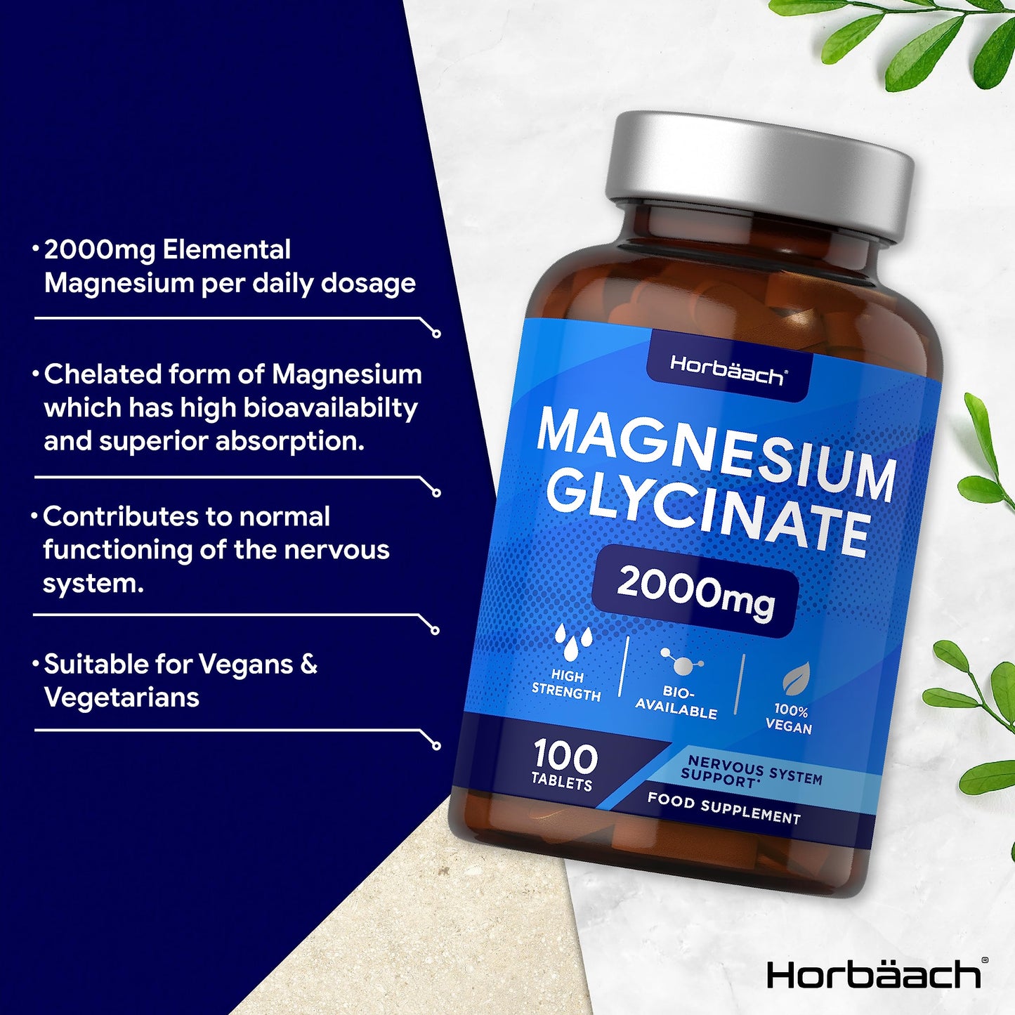 Magnesium Glycinate Supplement | 2000mg | 100 Vegan Tablets | High Strength Providing 400mg of Elemental Magnesium | Nervous System Support | by Horbaach