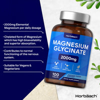 Magnesium Glycinate Supplement | 2000mg | 100 Vegan Tablets | High Strength Providing 400mg of Elemental Magnesium | Nervous System Support | by Horbaach