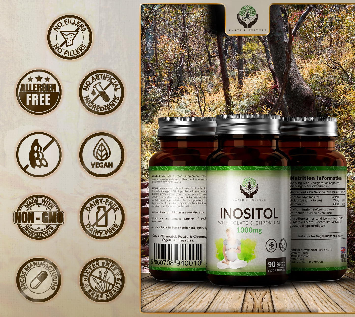 Earth's Nurture EN Myo-Inositol Chromium & Folate Blend | 1000mg Myo Inositol Per Serving | 90 Vegan Myoinositol Capsules | Inositol Supplement | Vitamins for Women | Non GMO & Allergen Free | Made in UK