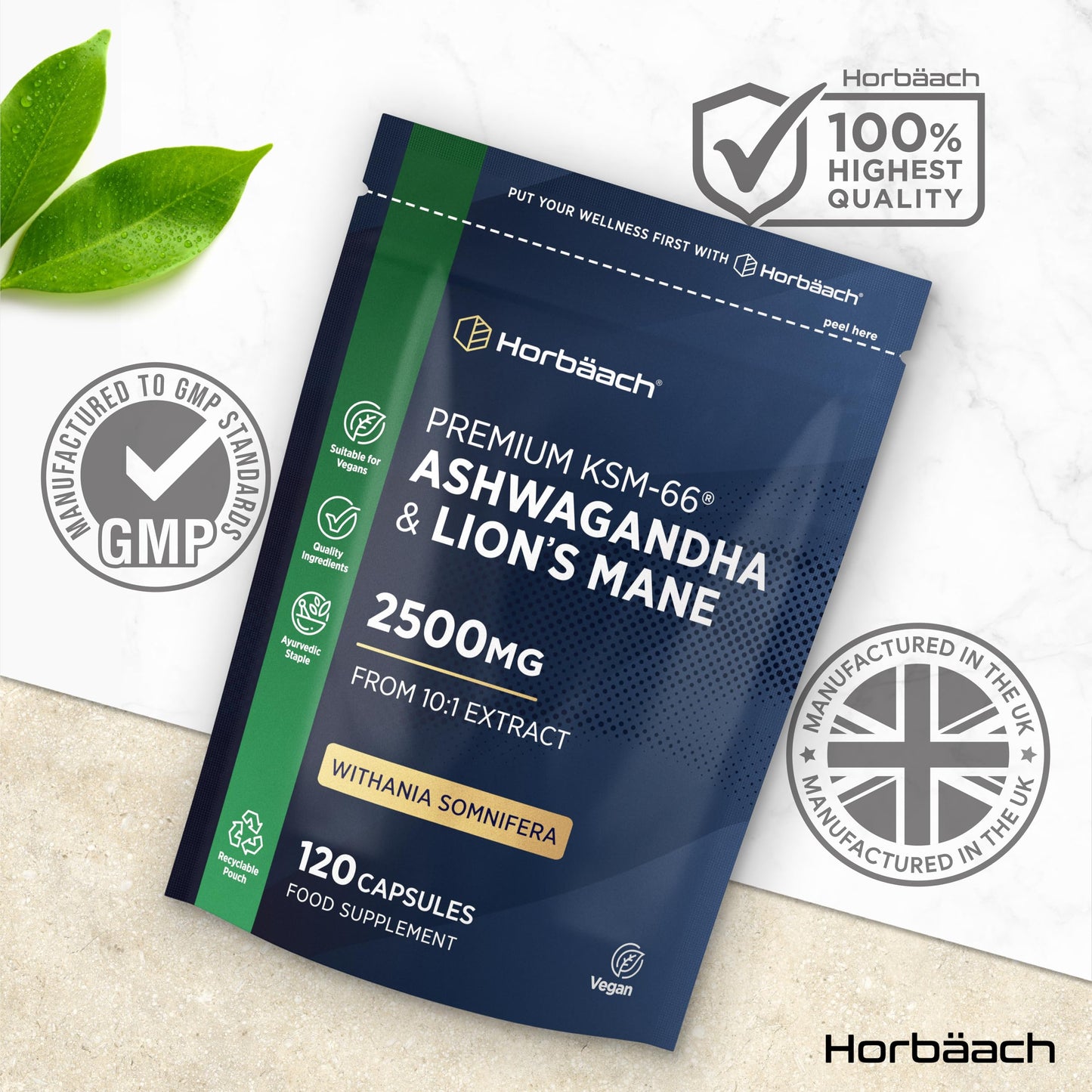 Horbäach Ashwagandha KSM-66 and Lion's Mane 2500mg Capsules | KSM-66 Ashwagandha Root Extract & Lion's Mane Mushroom Extract, Enhanced with Black Pepper | 120 Vegan Capsules | by Horbaach
