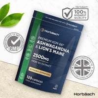 Horbäach Ashwagandha KSM-66 and Lion's Mane 2500mg Capsules | KSM-66 Ashwagandha Root Extract & Lion's Mane Mushroom Extract, Enhanced with Black Pepper | 120 Vegan Capsules | by Horbaach