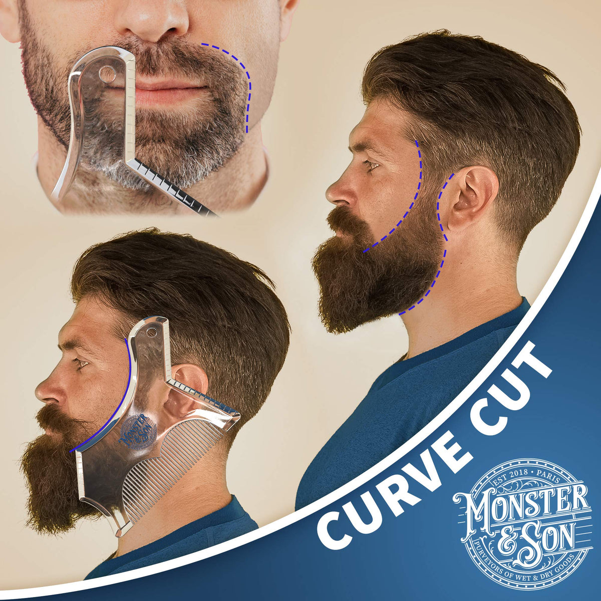 Monster&Son Beard Shaping Tool - Classic Oversized Design (Blue-Clear)