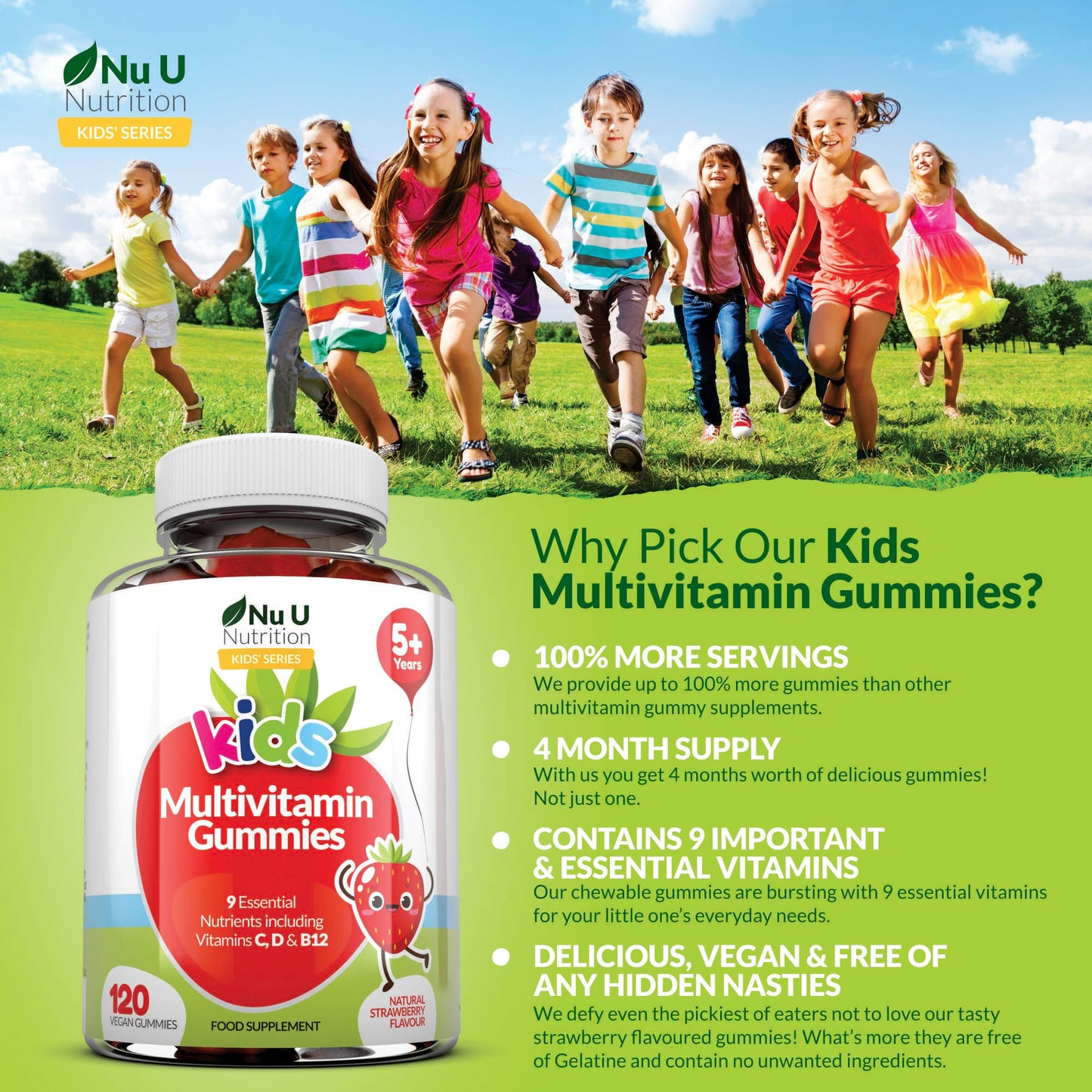 Multivitamin for Kids (5+) - 120 Vegan Gummies - 4 Month Supply - Tasty Strawberry Flavour - Kids Vitamins Including C, D & B12 - Made in The UK by Nu U Nutrition