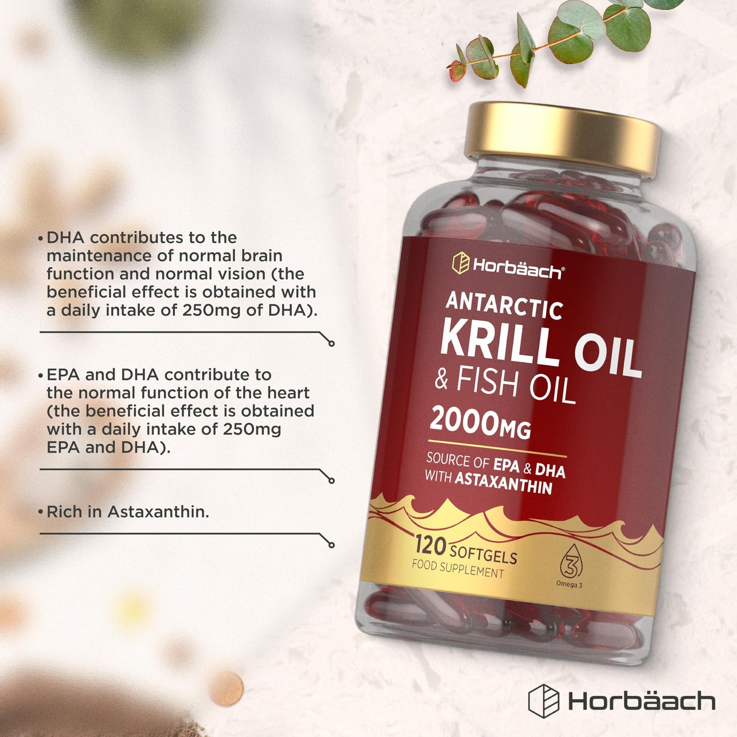 Horbäach Antarctic Krill Oil Capsules 2000mg | 120 Softgels | High Strength Blend with Fish Oil, Astaxanthin, Phospholipids, EPA and DHA | By Horbaach