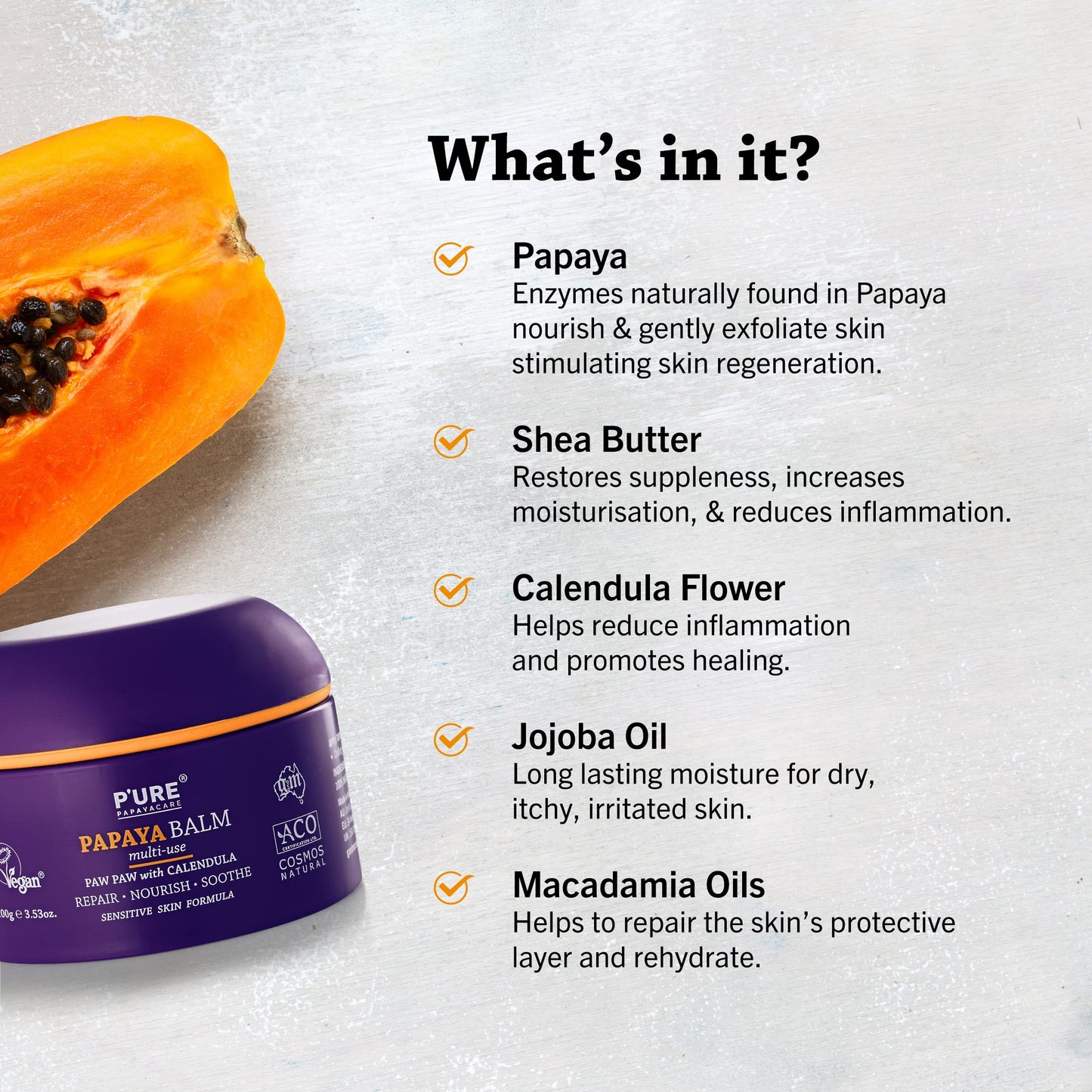 P'URE PAPAYA CARE Balm Multi-use 100g - VEGAN - Repairs Dry Skin, After Sun Treatment - Natural Ingredients with Shea Butter, Calendula, Jojoba Oils, Vitamin E & Papaya- Sensitive Skin Care Products