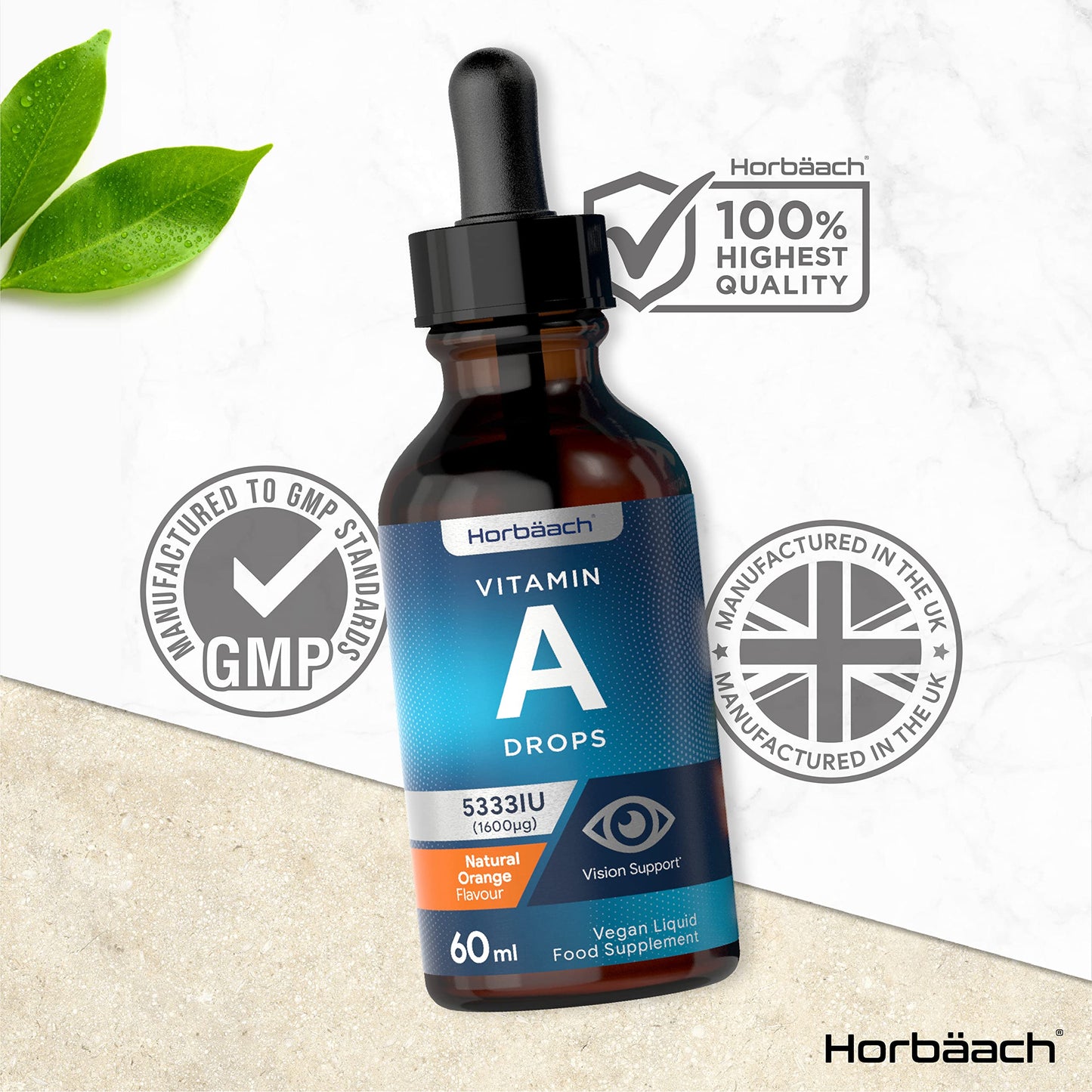 Vitamin A Drops 5333 IU | 60ml Vegan Liquid | High Strength Retinol Supplement | by Horbaach