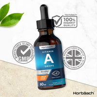 Vitamin A Drops 5333 IU | 60ml Vegan Liquid | High Strength Retinol Supplement | by Horbaach