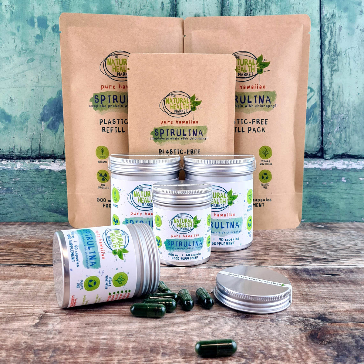 Hawaiian Spirulina Capsules 500mg by The Natural Health Market - 100% Pure - No Additives - Plastic Free Packaging - Made in England - Vegan-Friendly Supplement (120 Capsule - Pouch)
