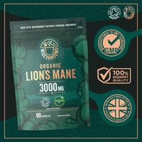 Lions Mane Supplement 3000mg | Organic | High Strength Mushroom Supplement | from Fruit Body | 90 Vegan Capsules | by Wiseshrooms