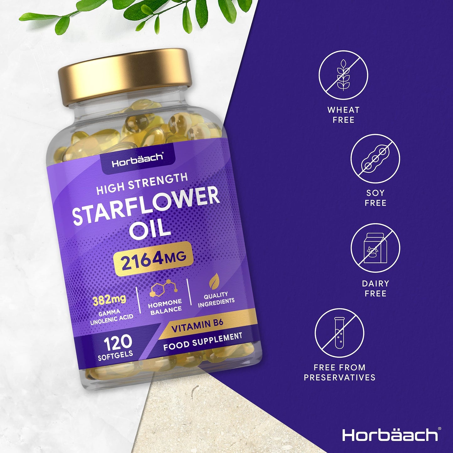 Starflower Oil Capsules 2164mg | Borage Oil Capsules | GLA and Vitamin B6 | 120 Softgels | by Horbaach