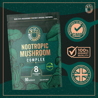 Mushroom Complex 8 Capsules | Nootropic Complex with Lions Mane, Reishi, Chaga, Cordyceps, and More | High Strength Nootropic Brain Supplement | from Fruit Bodies | 90 Vegan Capsules | by Wiseshrooms
