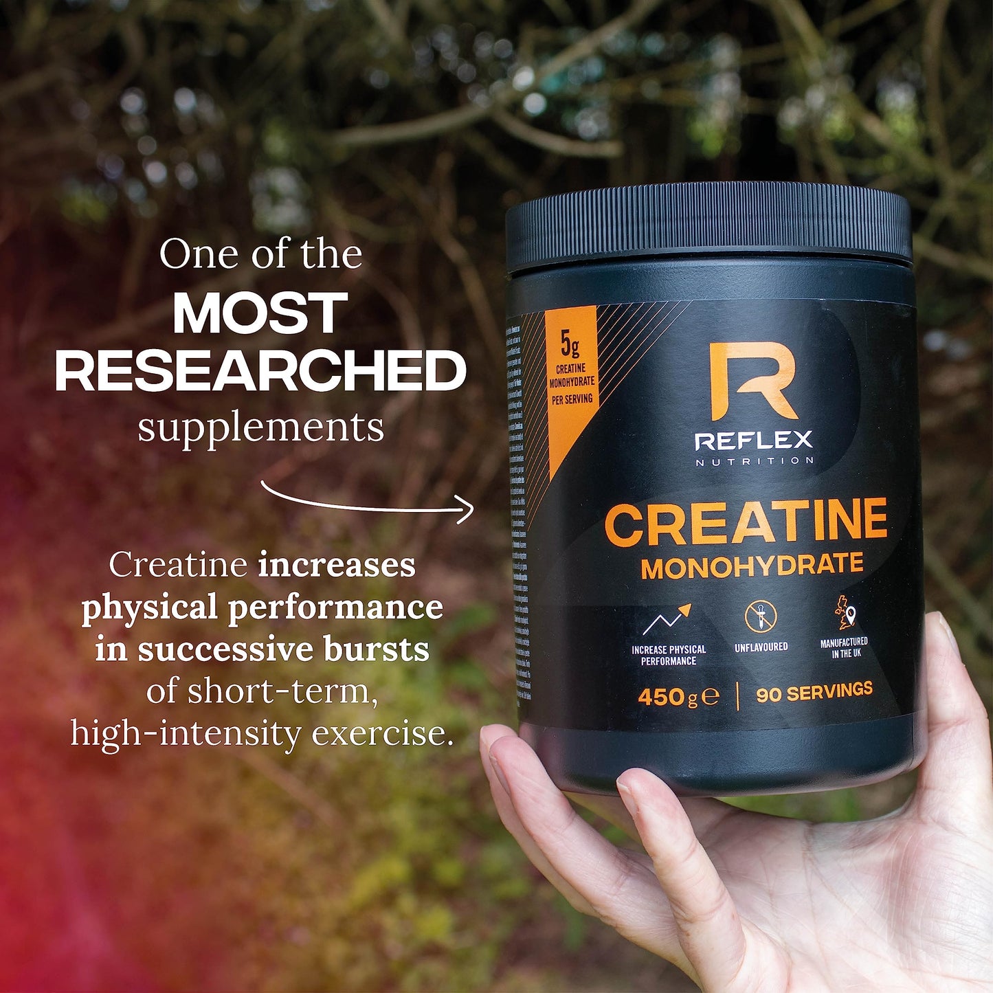 Reflex Nutrition Creatine Monohydrate Powder Unflavoured - Performance Enhancing 100% Creatine for Muscle Gains & Recovery - No Fillers or Additives - 450g (Vegan Creatine 5g per Serving, 90 Servings)