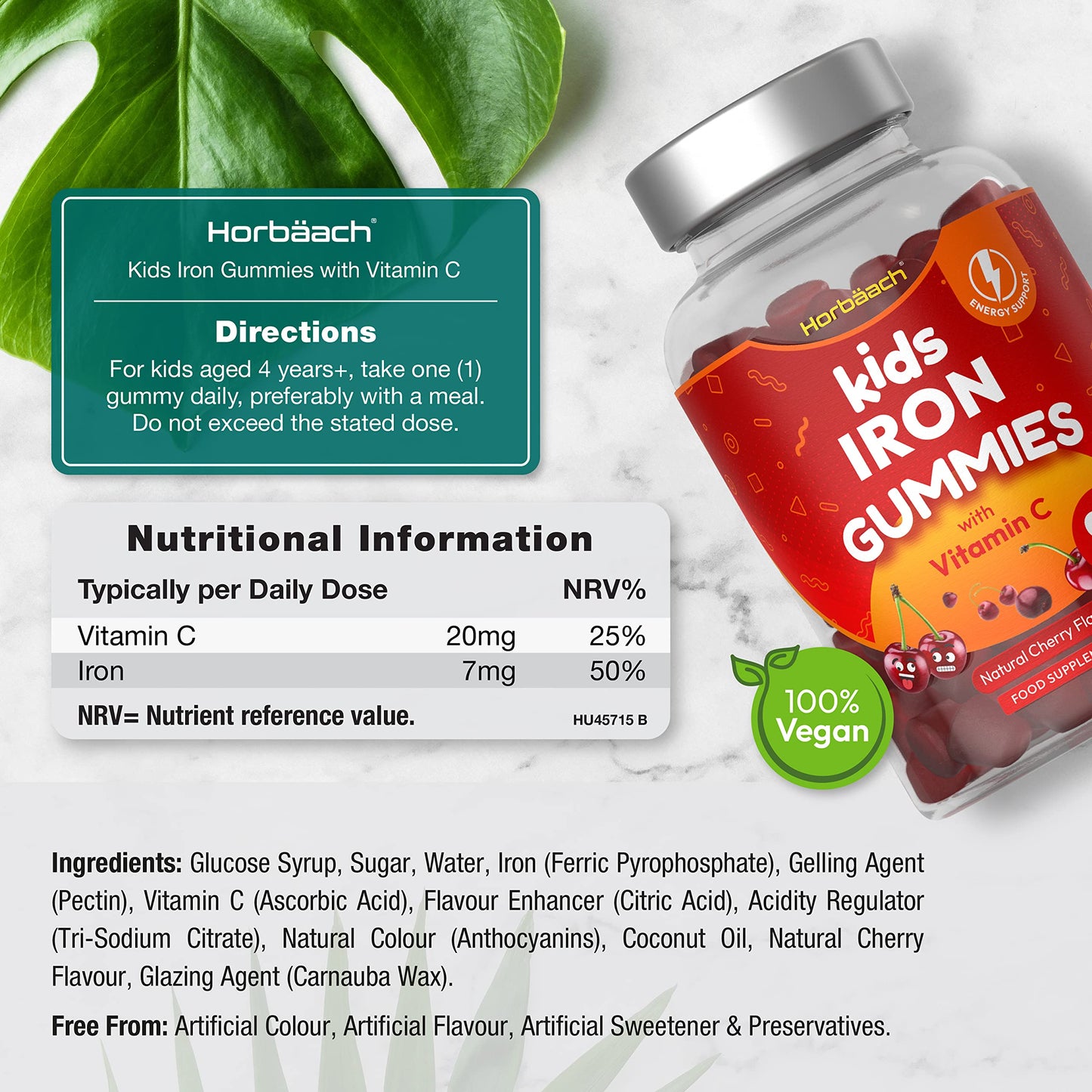 Kids Iron Gummies with Vitamin C | 90 Count | Natural Cherry Flavour | Chewable Vegan Supplement | by Horbaach