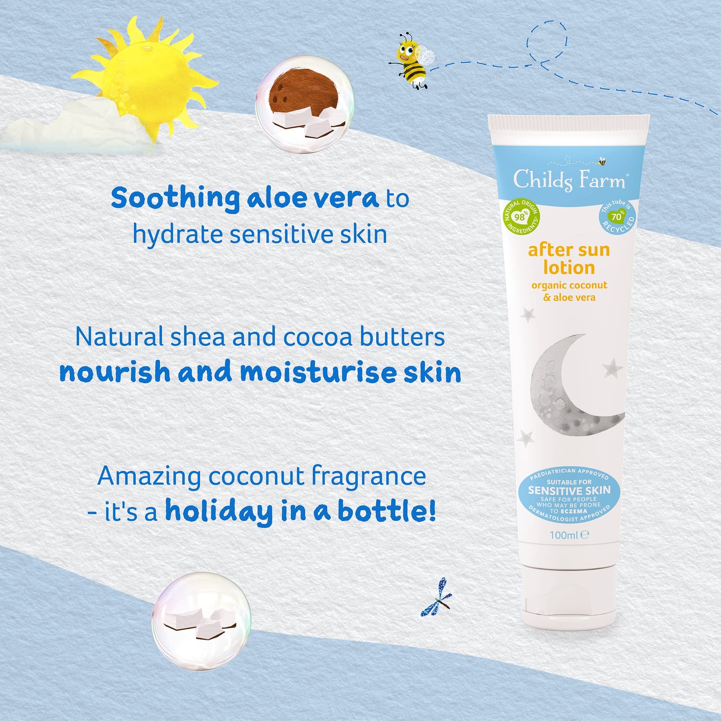 Childs Farm | Kids And Baby After Sun Cream 100 Ml With Organic Coconut | Soothing & Moisturising | Suitable Sensitive Skin