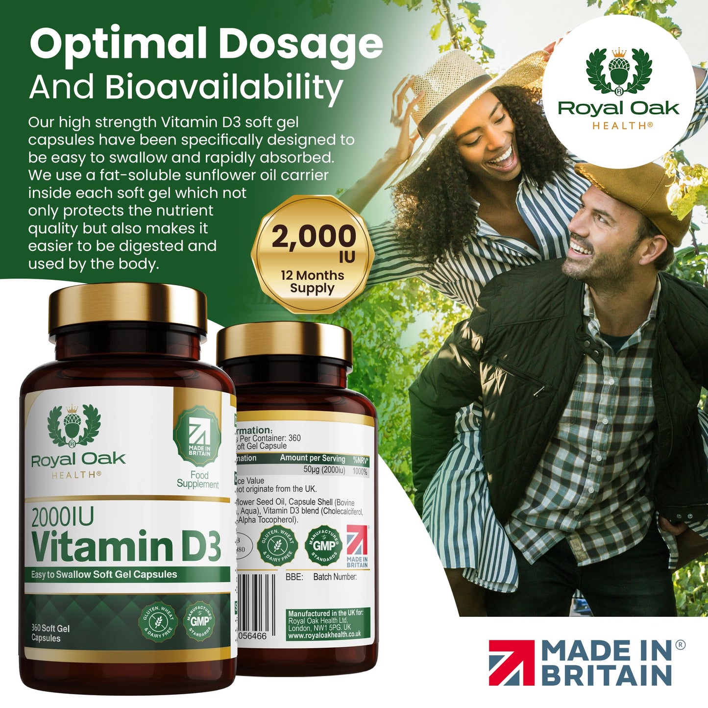 Royal Oak Health Vitamin D3 2000iu (Cholecalciferol) x360 Soft Gel Capsules / 12 Month Supply - High Strength Easy to Swallow Vitamin D Tablet Alternative Supplement for Immune, Muscle, Bones & Teeth