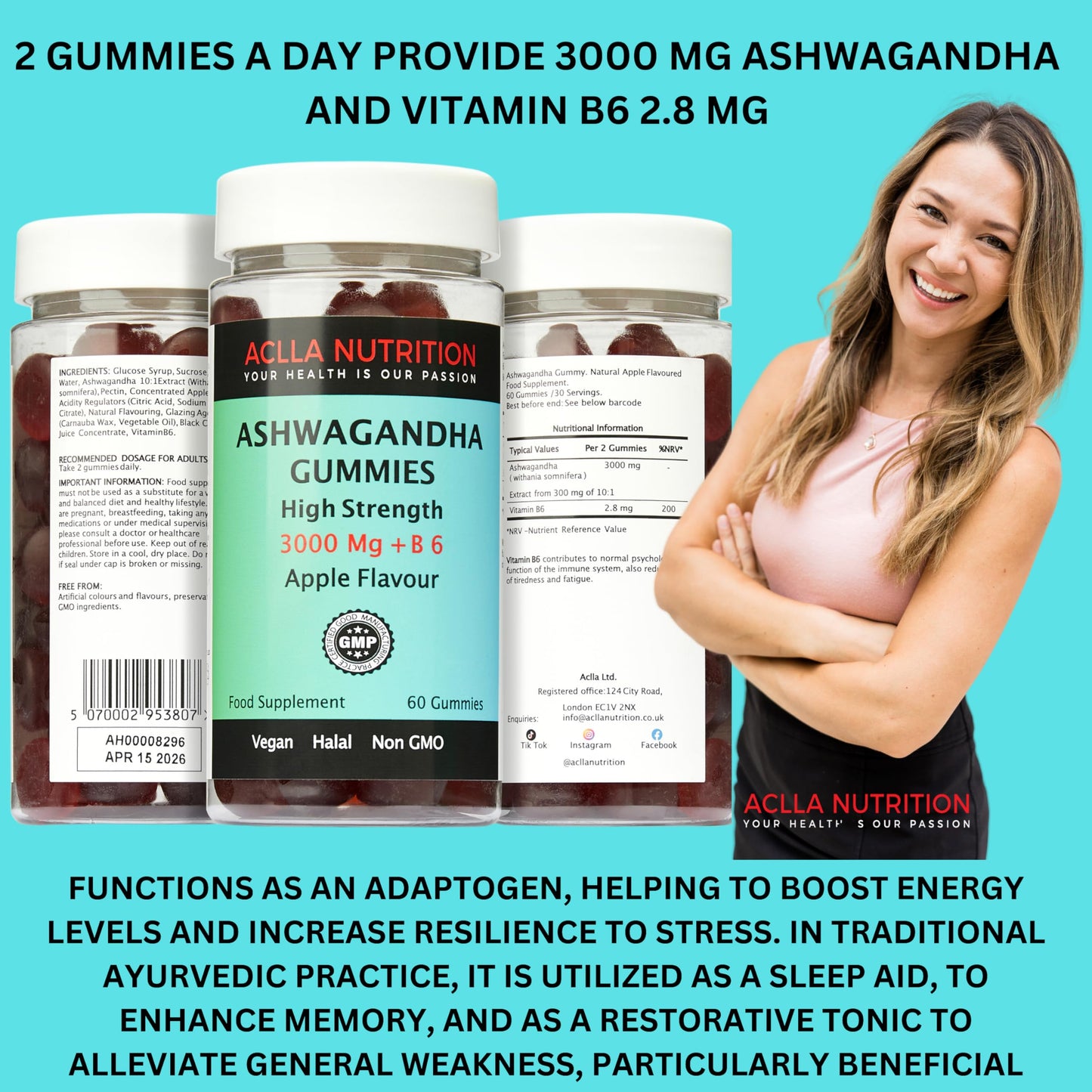Ashwagandha Gummies 3000Mg & B6 2.8MG High-Strength Botanical Extract I Natural Apple Flavor I Stress Reduction, Supporting Psychological Function&Sleep.One-Month Supply by Aclla Nutrition.