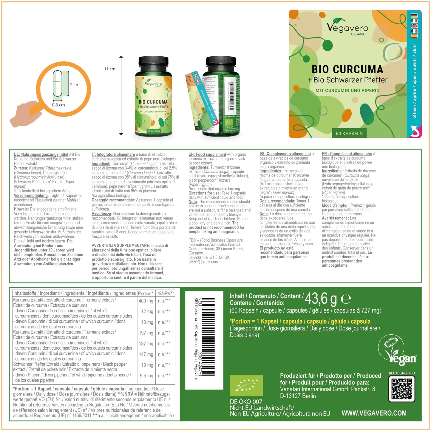 Vegavero Organic Turmeric 14620mg | Curcumin 158mg | Curcuma with Black Pepper | Piperine + Curcuminoids | NO Additives | Vegan
