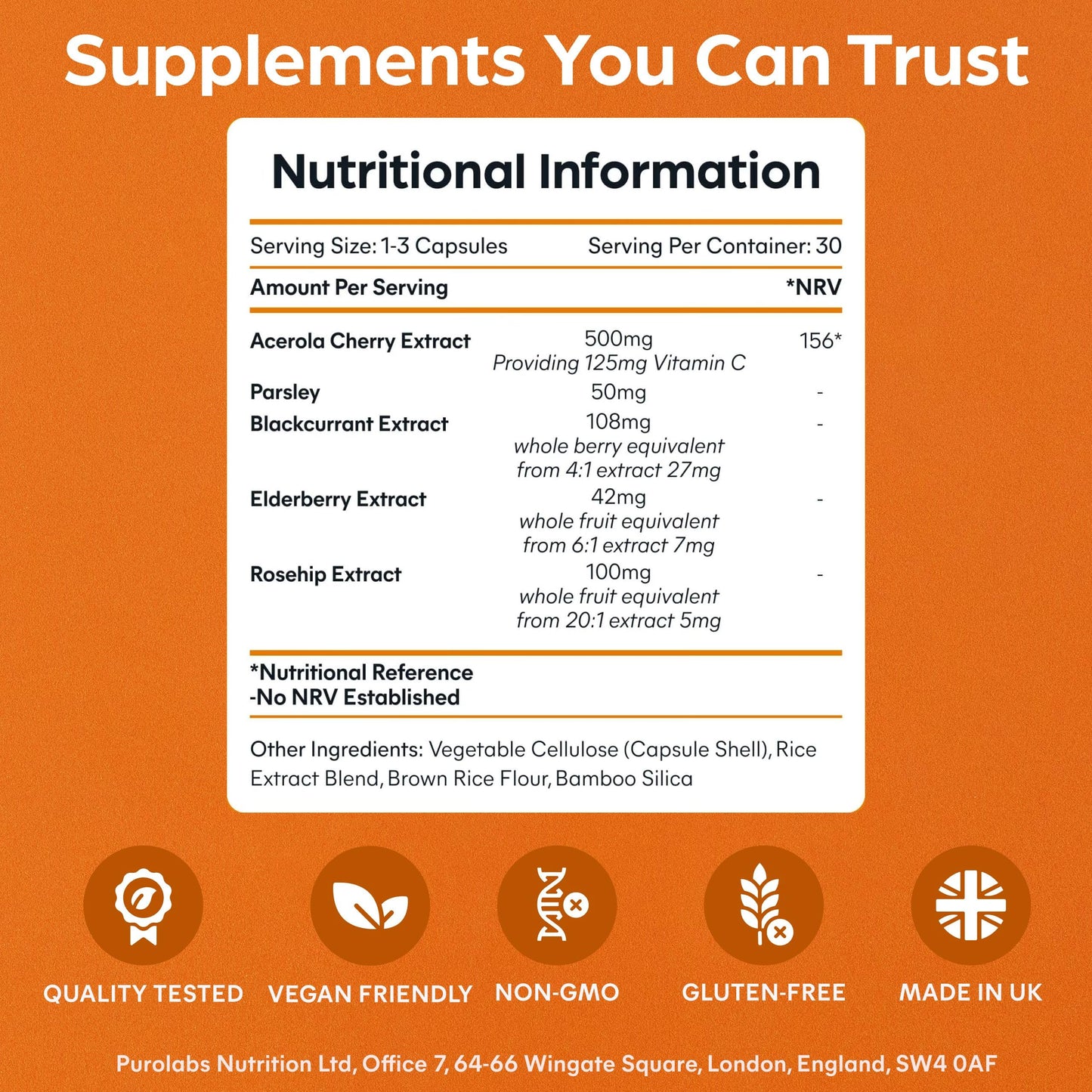 Purolabs Wholefood Vitamin C Supplement - Natural Complex from Acerola Cherry, Rosehip, Blackcurrant & Elderberry - High Strength Immune Support - 60 Capsules - Vegan